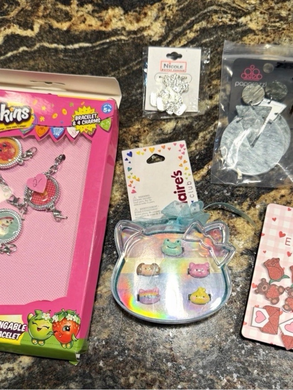 Claire's rings, shopkins bracelet kit, lot of earrings